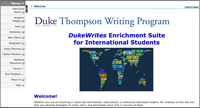 DukeWrites Enrichment Suite landing screen